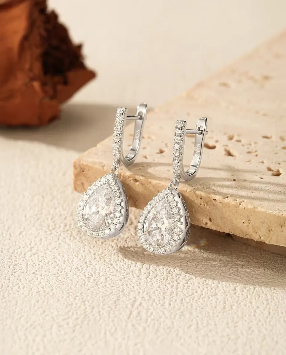 Tropfen Ohrringe mit Zirkonia im Halo - Brisur Verschluss, 28,5 mm Länge, 925 Sterlingsilber