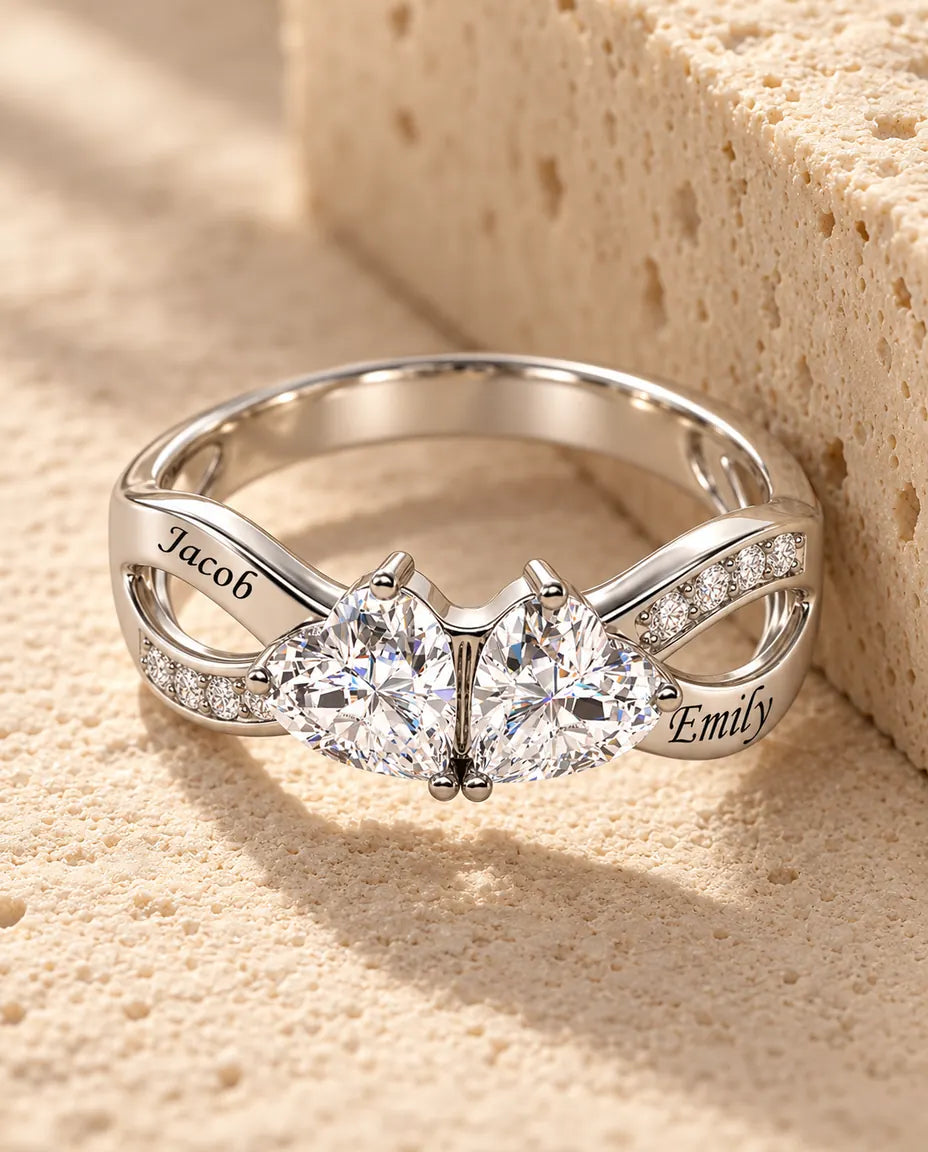 Personalisierter Unendlichkeit Ring mit 2 Namen - Partnerring mit 2 Herz-Geburtssteinen - in Sterlingsilber