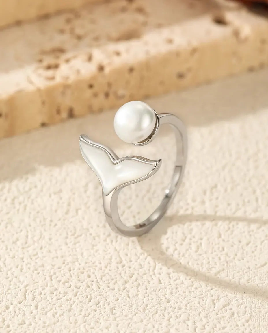 Walflossen Ring mit Perle - offenes Band mit weisser Flosse, verstellbar, 925 Sterlingsilber