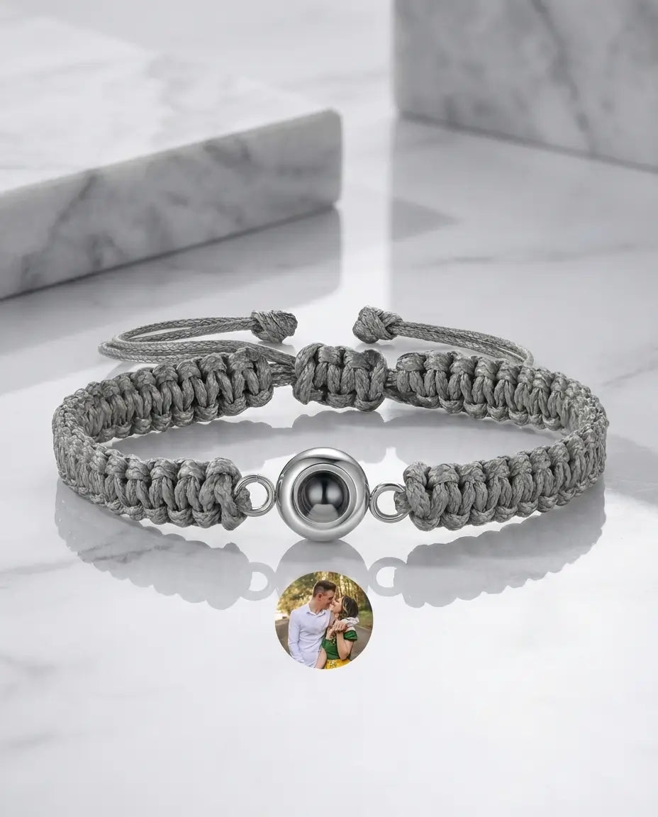 Armband mit Bild im Stein – geflochtenes Unisex-Band mit Titanstahl-Perle, verstecktes Foto, Geschenk für Paare