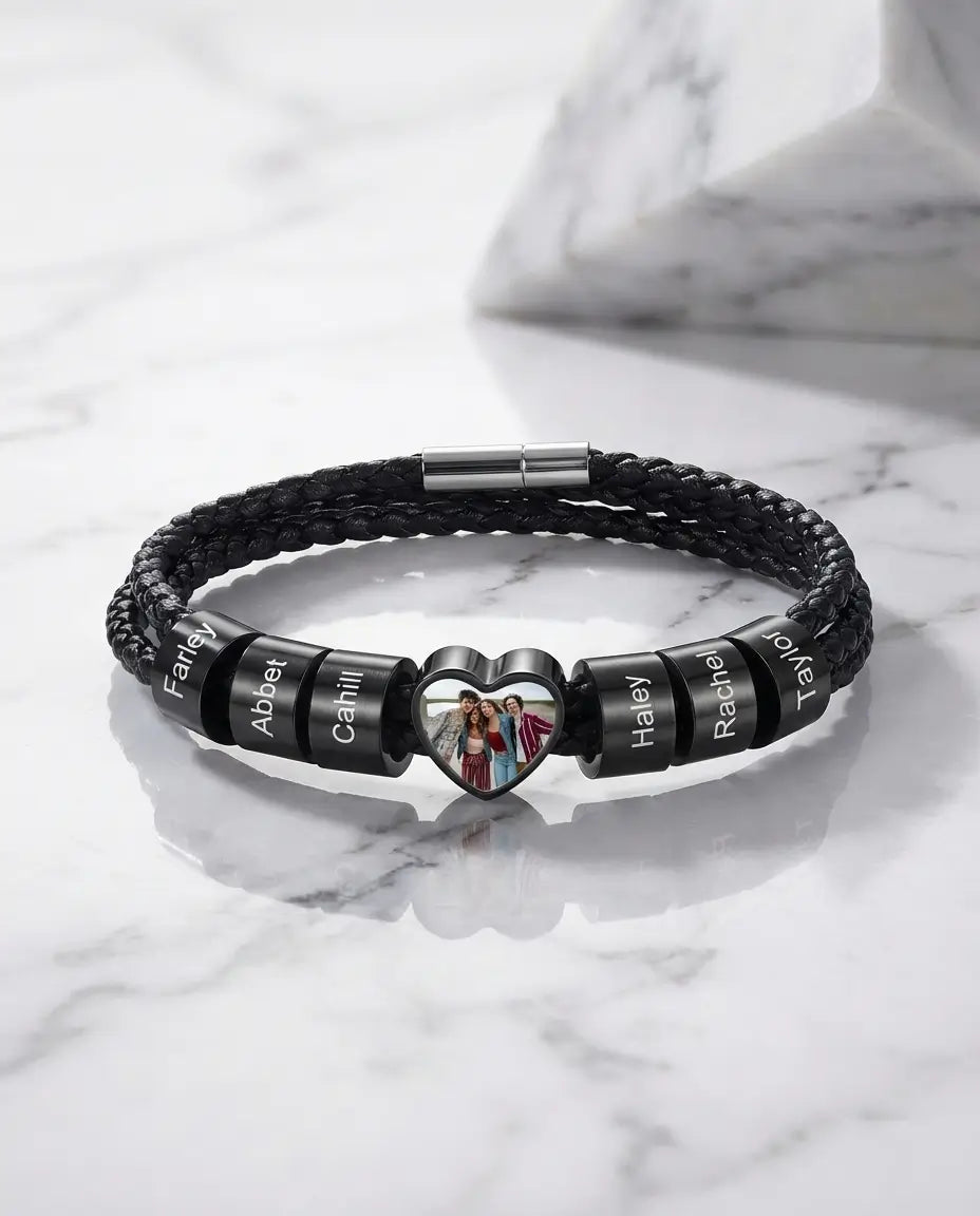 Armband mit Foto für Herren – Edelstahl-Herz mit Bild und 6 gravierbaren Namensperlen, Geschenk für Papa und Ihn