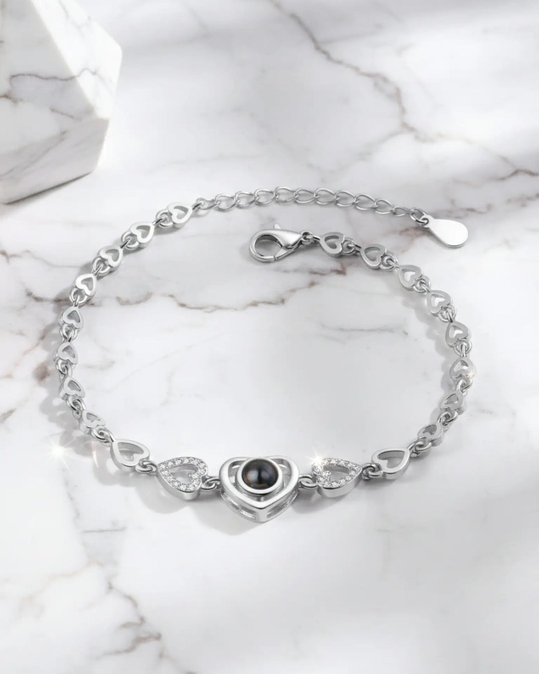 Armband mit Bild – Herz-Anhänger mit Foto im Stein, Silber, Gold oder Roségold, Geschenk für Sie