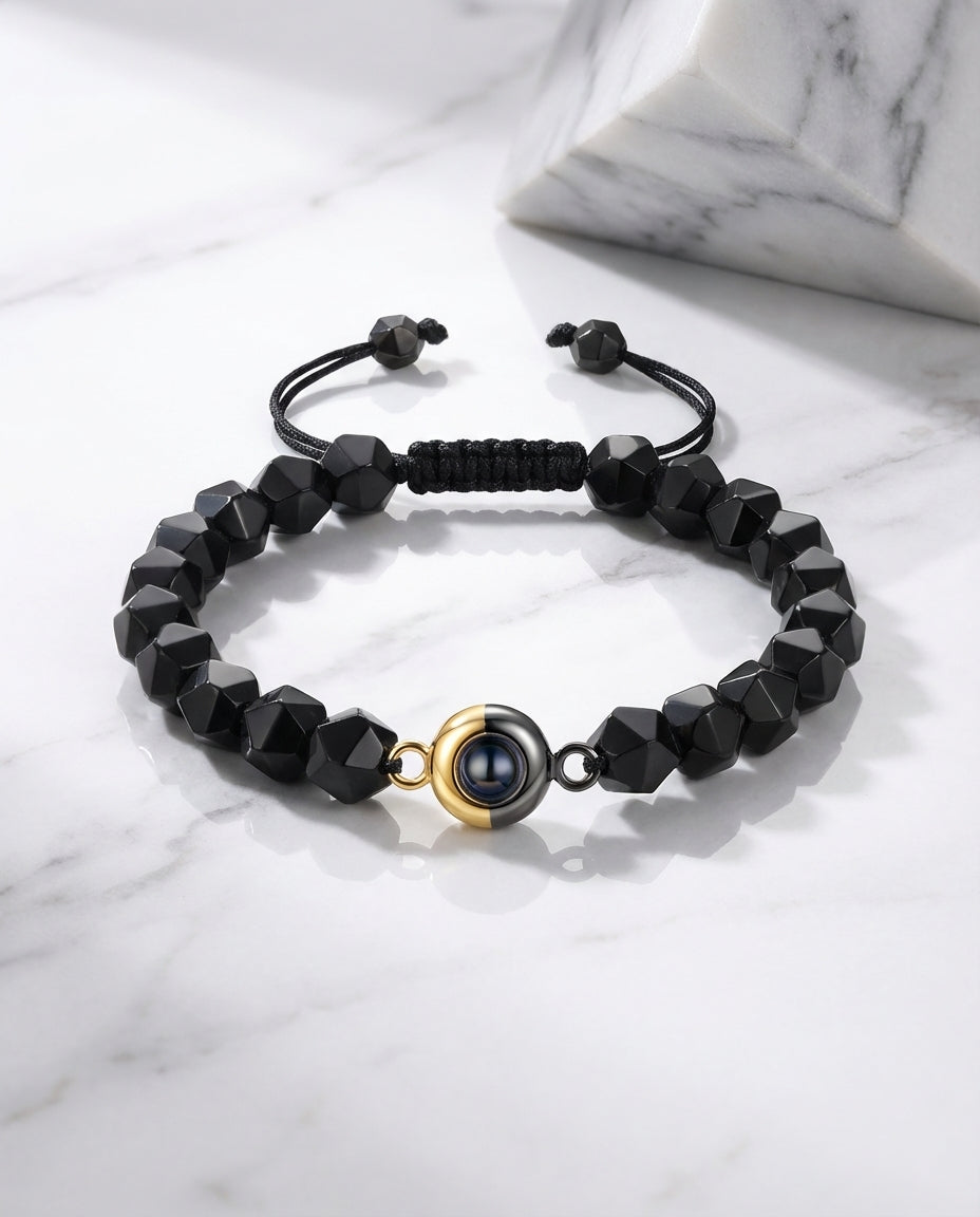 Armband mit Bild im Stein – schwarzer Obsidian, dein Foto im Stein, Unisex Geschenk für Ihn & Sie