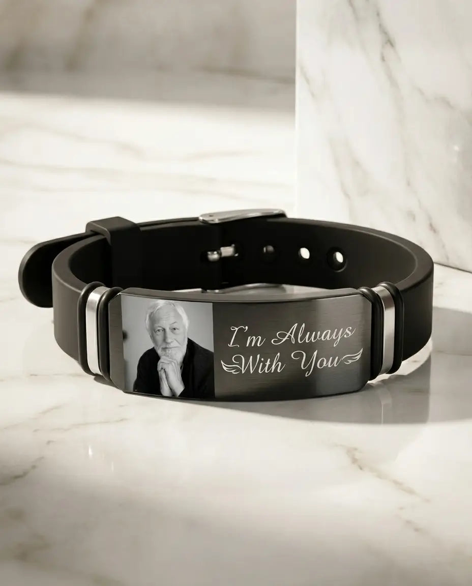 Armband mit Bild im Stein – Silikonband mit gravierbarer Edelstahlplatte, verstecktes Foto, Geschenk für Ihn