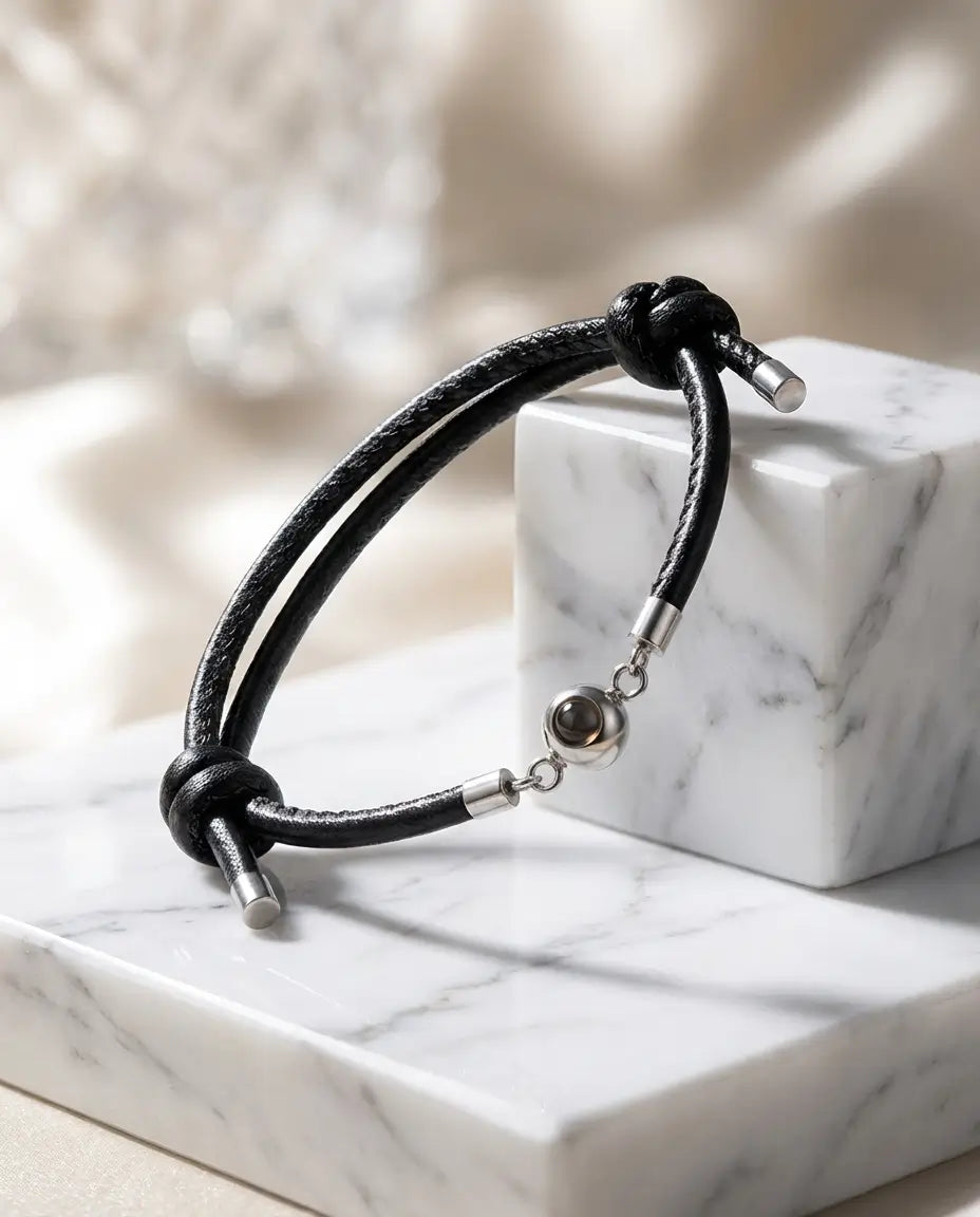 Armband mit Bild – Lederarmband mit Edelstahl-Perle, verstellbar, Foto in der Perle, für Ihn & Sie