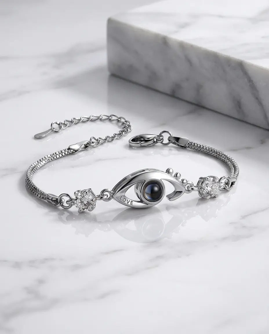 Armband mit Bild – Nazar-Auge aus Zirkonia, Foto im Stein, LOVE-Gravur, Geschenk für Sie