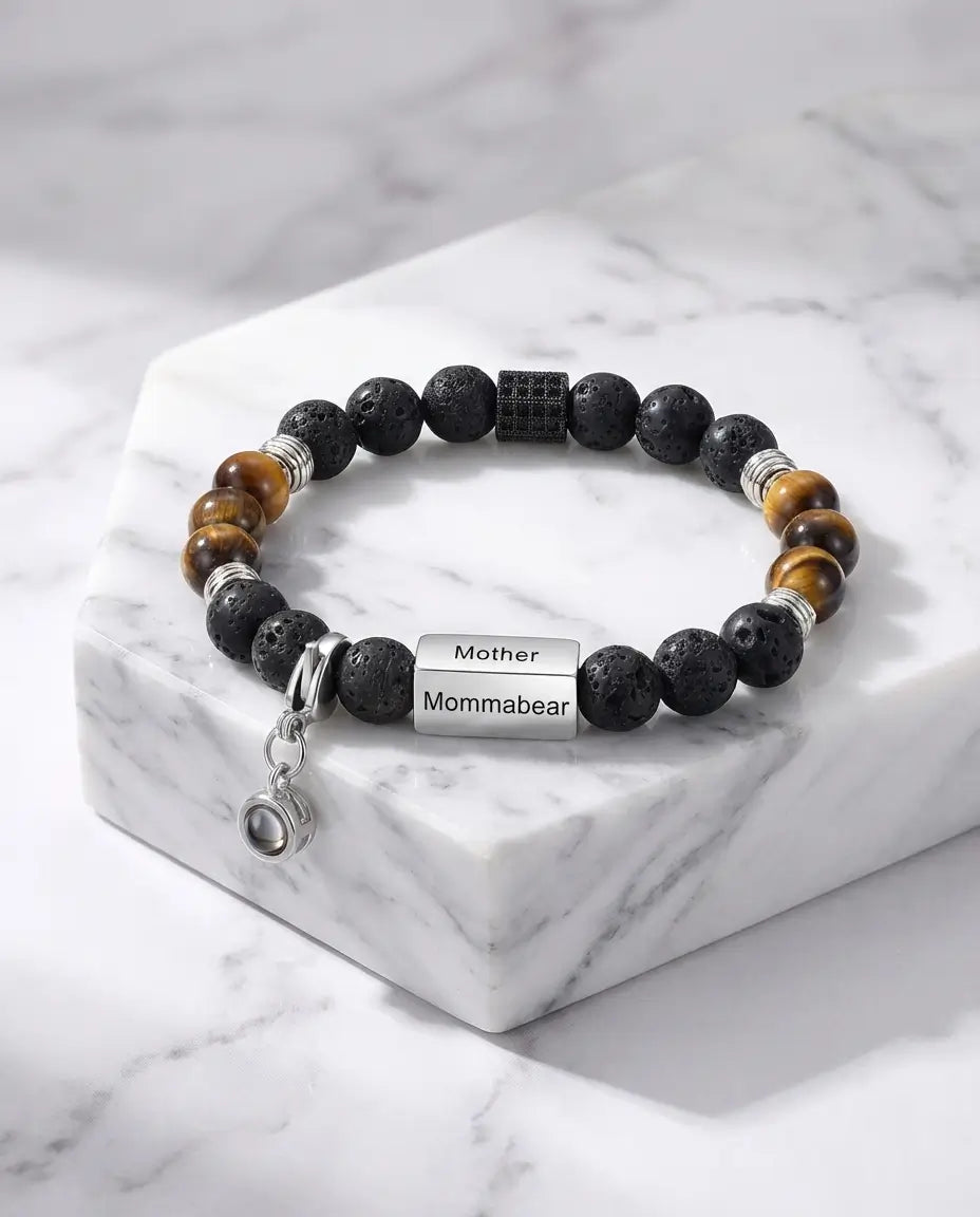 Armband mit Bild – Tigerauge & Lavastein, Edelstahl-Steg mit bis zu 4 Namen graviert, Geschenk für Ihn