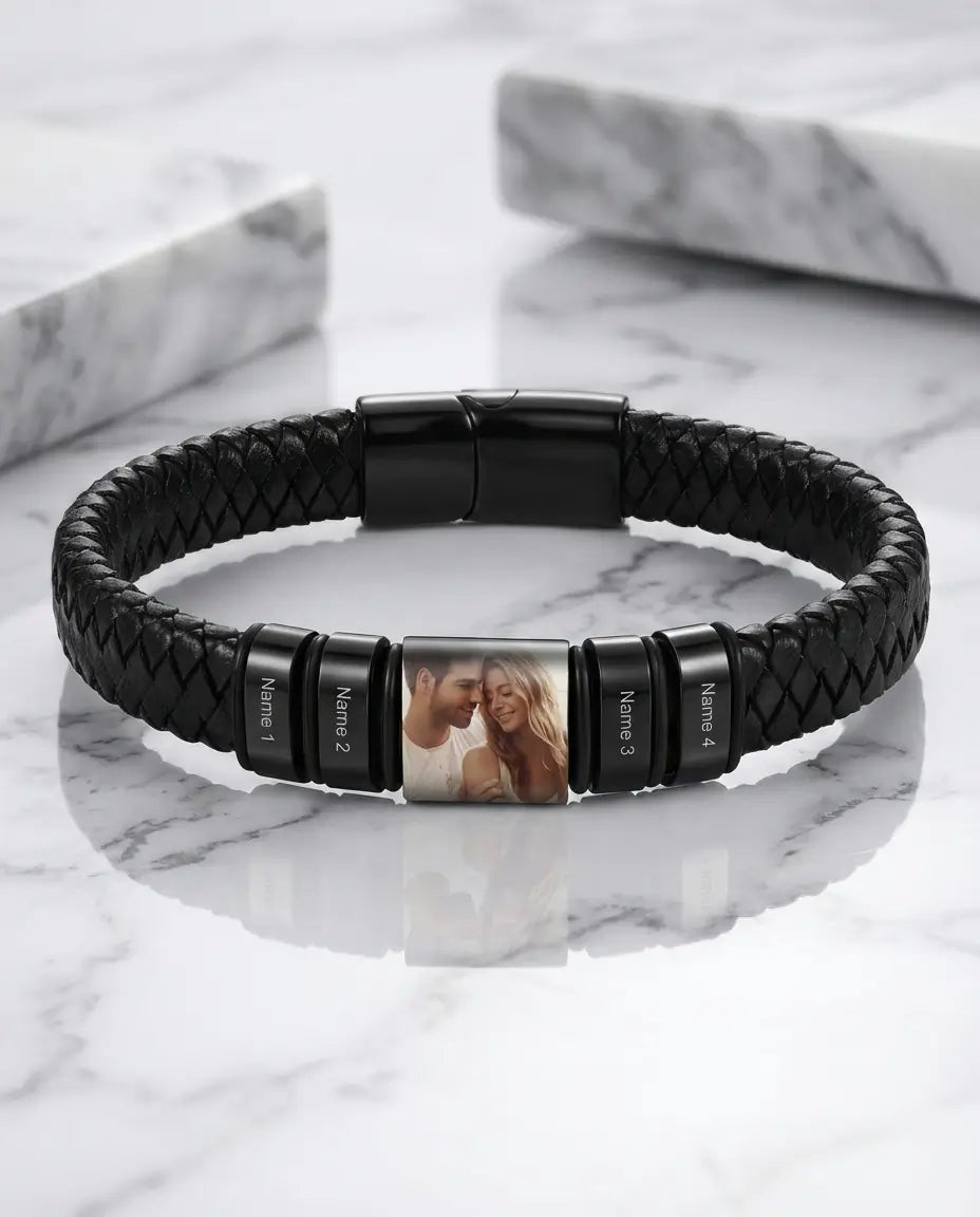 Armband mit Foto für Herren – geflochtenes Leder, Foto-Anhänger & gravierte Familiennamen, Geschenk für Papa & Ihn