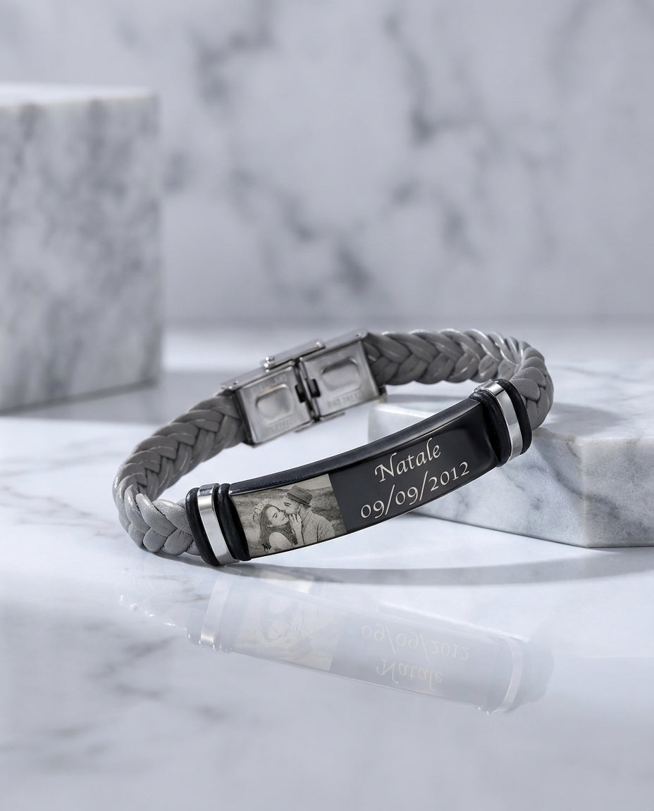Armband mit Foto für Herren – geflochtenes Leder & Edelstahl mit Gravur, Name & Datum, Geschenk für Ihn, Papa, Freund