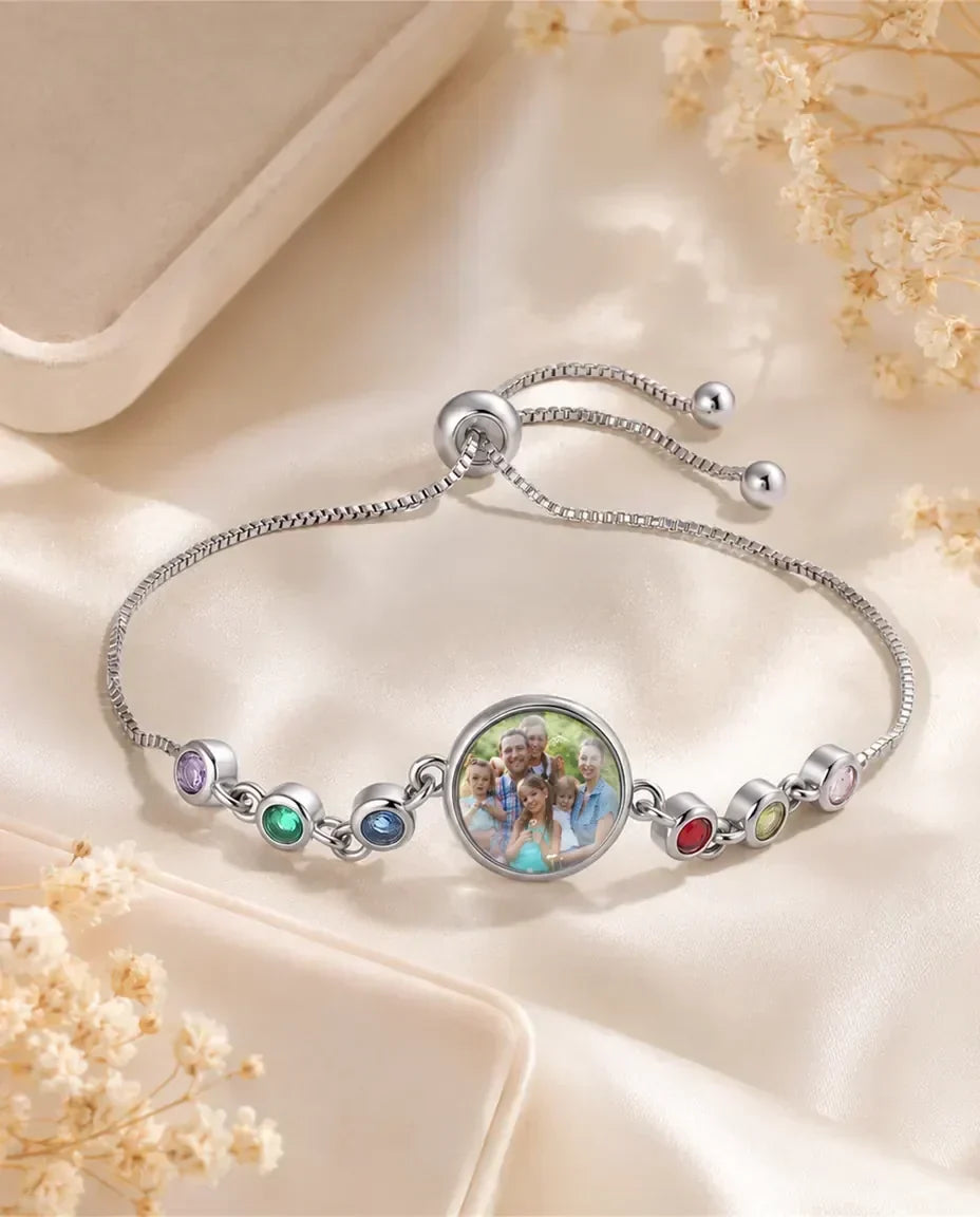 Personalisiertes Armband mit Foto & 1-6 Geburtssteinen – verstellbares Fotoperlen-Armband in Silber, Geschenk für Mama & Oma