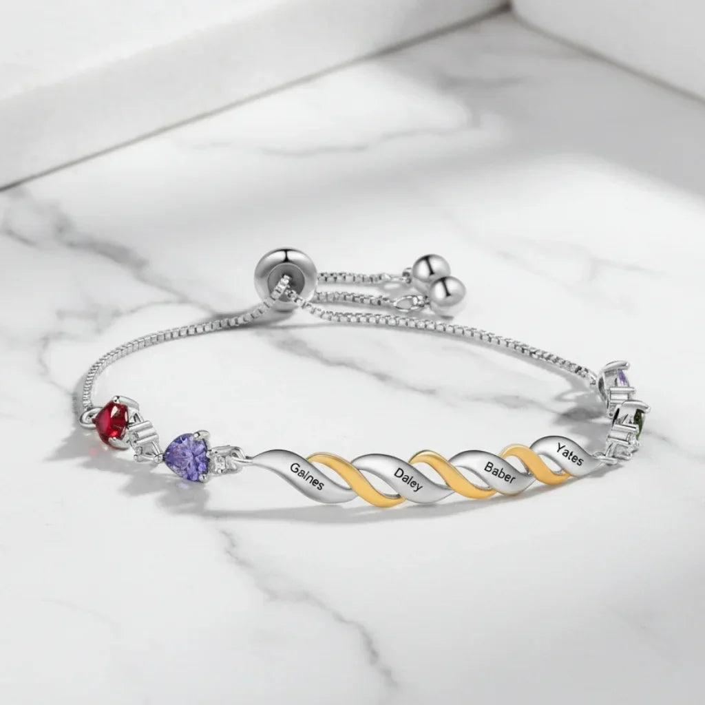 Armband mit Gravur für Mama – 2-4 herzförmige Geburtssteine, personalisierter Name, Geschenk zum Muttertag & Geburtstag
