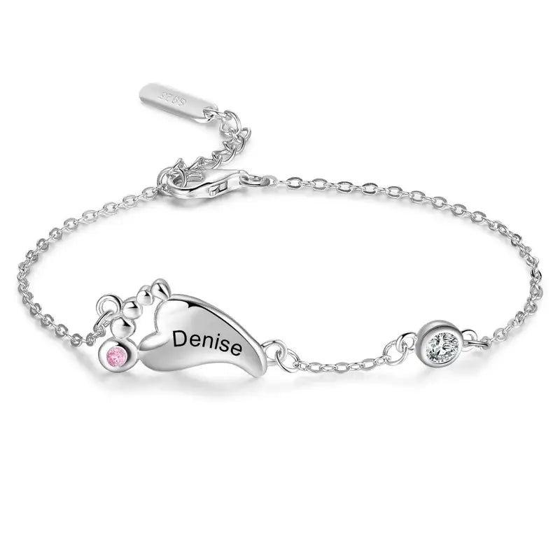 Armband mit Gravur – Babyfüsse-Anhänger mit Kindernamen und Geburtssteinen, 925er Sterlingsilber, Geschenk für Mama