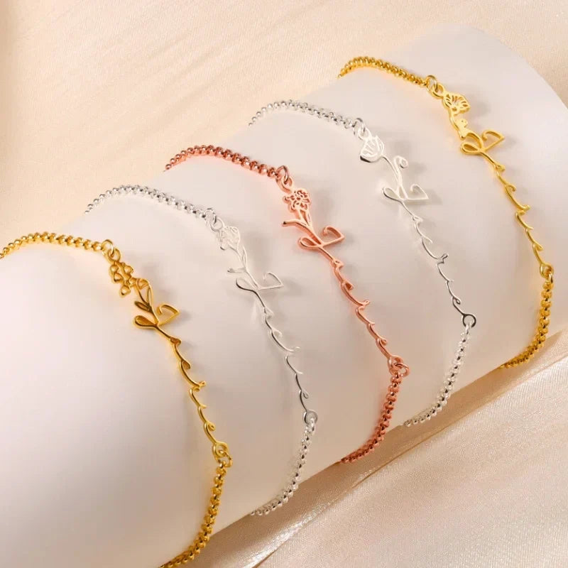 Armband mit Gravur – Geburtsblume und Name, Silber, Gold oder Roségold, Geschenk für Sie, Mama, Geburtstag