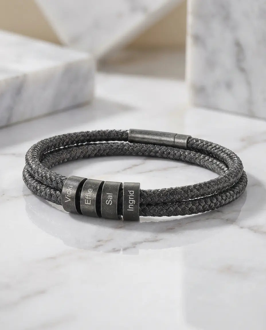 Armband mit Gravur für Herren – geflochtenes Nylonseil, 2–4 gravierte Perlen, Edelstahl, Geschenk für Ihn, Papa