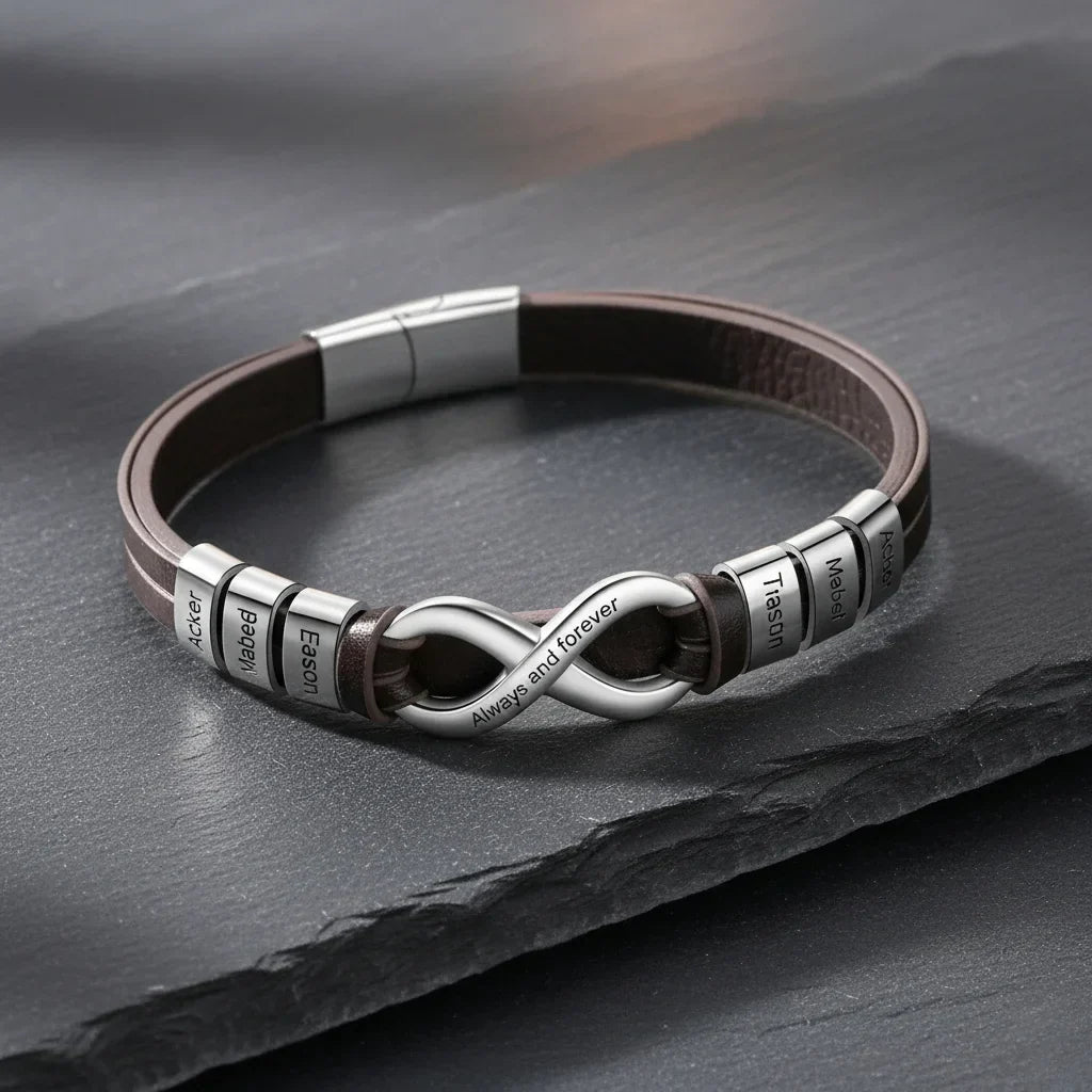 Armband mit Gravur für Herren – Lederarmband mit 2–6 Namen, Edelstahlverschluss, Schwarz oder Braun, Geschenk für Ihn, Vatertag