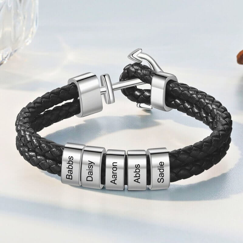 Armband mit Gravur für Herren – Lederarmband mit Anker und 2-5 gravierten Namensperlen, Edelstahl, Geschenk für Ihn, Papa