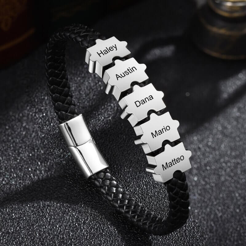 Armband mit Gravur für Herren – Schwarzes Leder & Edelstahl, personalisiert mit Namen, Geschenk für Ihn, Papa, Freund