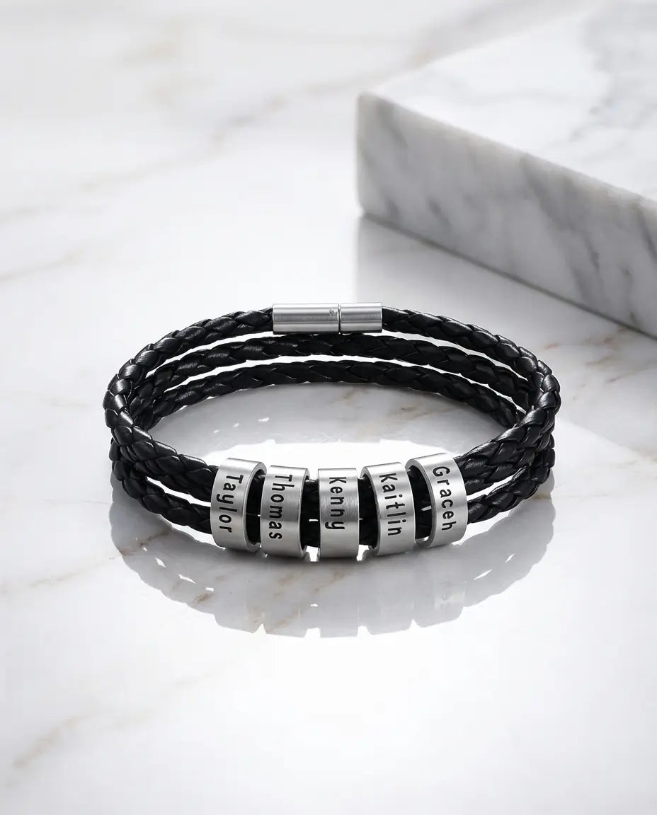 Armband mit Gravur für Herren – Geflochtenes Echtleder, 1–5 gravierte Namensperlen aus Edelstahl, Magnetverschluss, Geschenk für Ihn