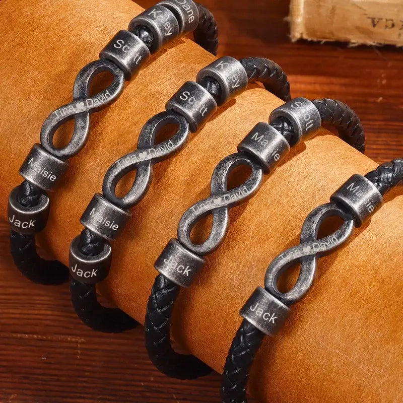 Armband mit Gravur für Herren – Infinity Lederarmband mit Namensgravur, Edelstahl, Geschenk für Ihn, Papa, Jahrestag