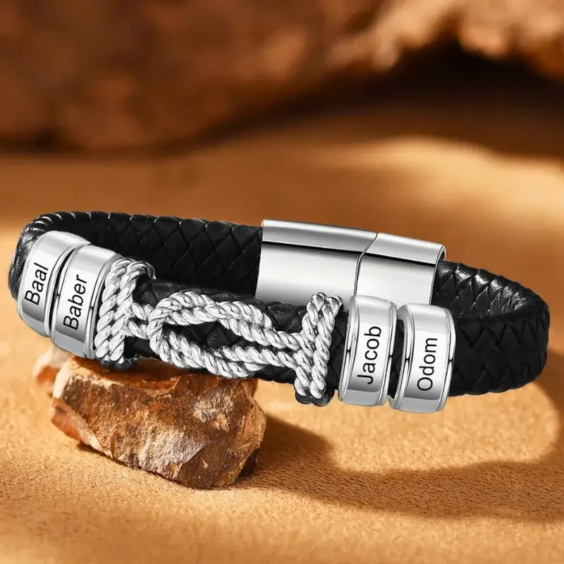 Armband mit Gravur für Männer – schwarzes Leder, Edelstahl, personalisiertes Geschenk für Ihn, Papa, Freund