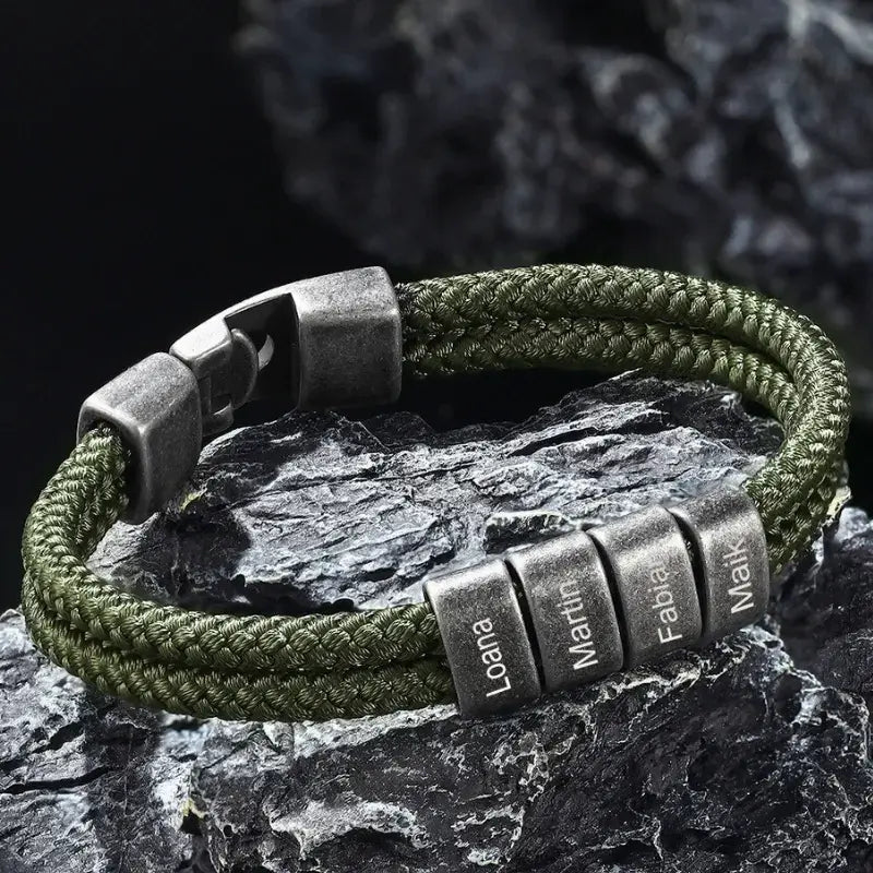 Armband mit Gravur für Herren – Edelstahl und Nylon, Dunkelgrün, mit Namen personalisiert, Geschenk für Ihn, Papa