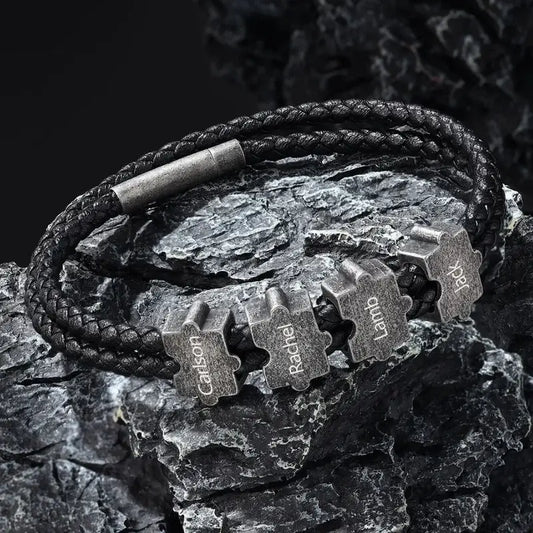 Armband mit Gravur für Männer – personalisierte Puzzle-Perlen, Leder & Edelstahl, Geschenk für Ihn, Papa, Freund