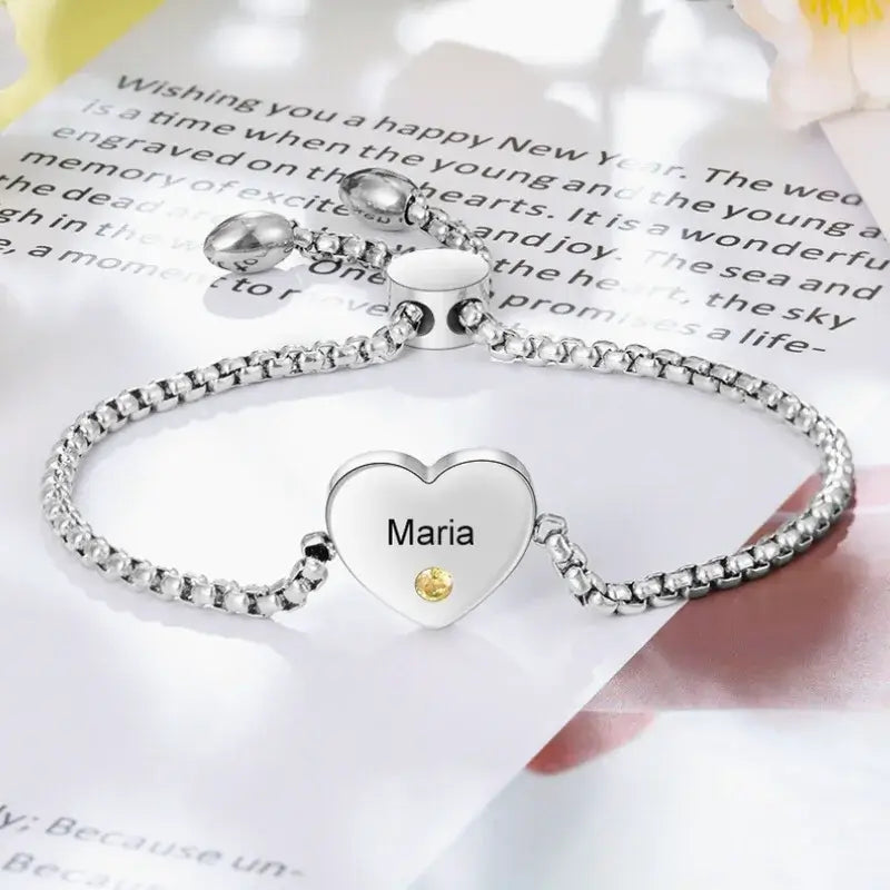 Armband mit Gravur – Herz mit Geburtsstein und Namensgravur, Edelstahl, Geschenk für Mama, Sie, Muttertag, Geburtstag