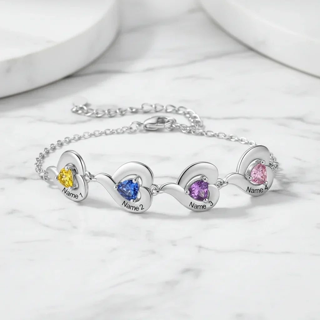 Armband mit Gravur – bis zu 5 verbundene Herz-Anhänger mit Namen & Geburtsstein, personalisiertes Geschenk für Mama