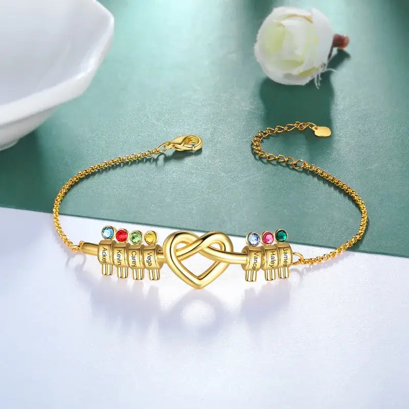 Armband mit Gravur – Herzknoten mit Namen und Geburtsstein, Edelstahl in Silber, Geschenk für Mama, Sie, Muttertag