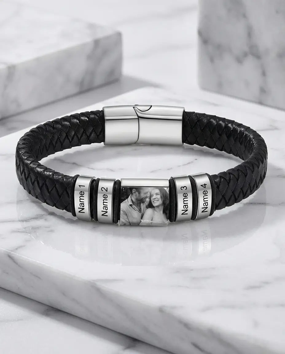 Armband mit Gravur für Herren – geflochtenes Lederarmband mit Foto-Anhänger und Namensperlen, Geschenk für Ihn, Papa, Vatertag
