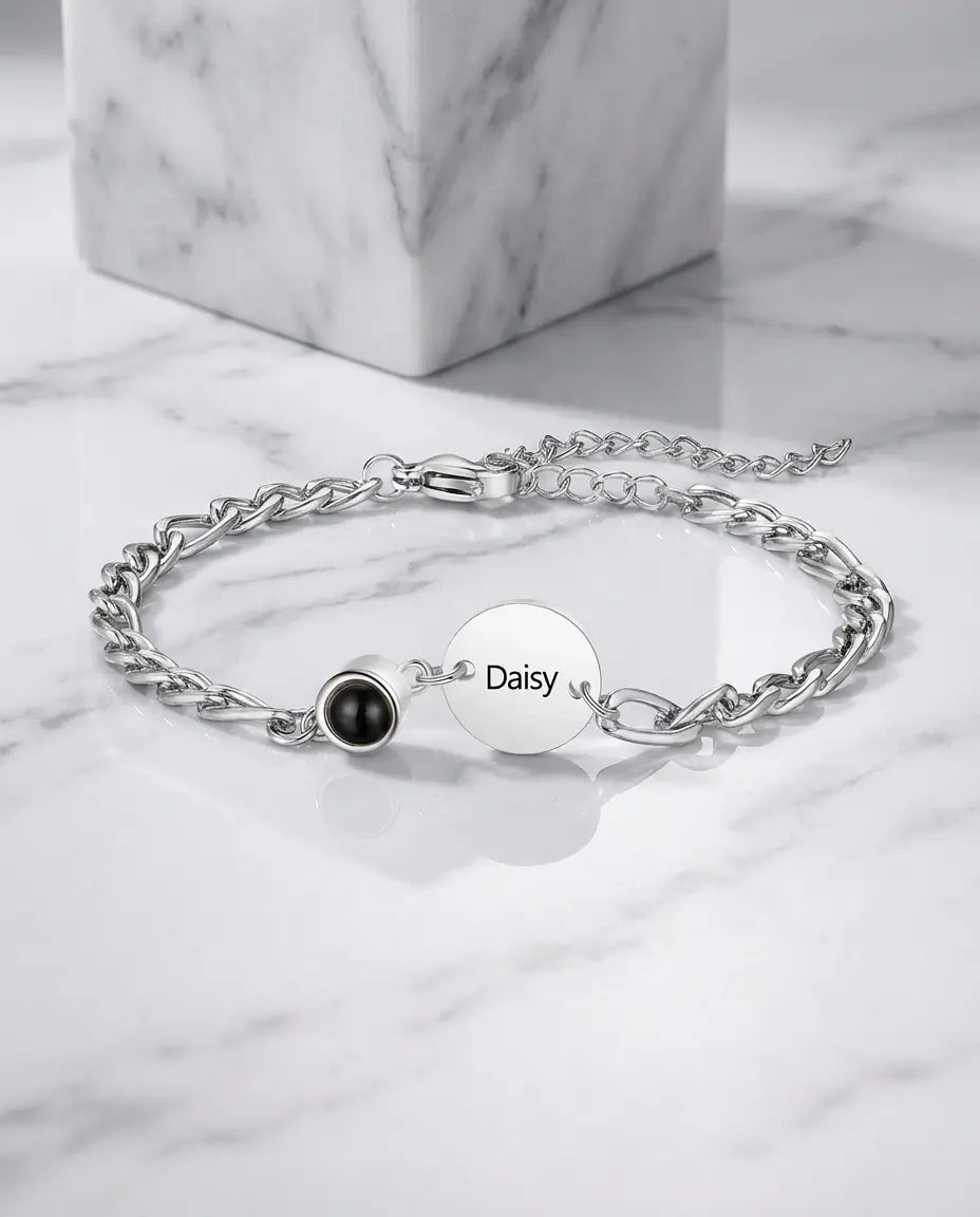 Armband mit Gravur – Namensplättchen und Bild im Stein, Edelstahl, personalisiert, Geschenk für Sie und Ihn