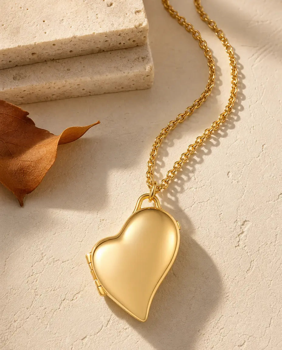 Personalisiertes asymmetrisches Herz-Medaillon mit 2 Fotos, Kette in Silber & Gold