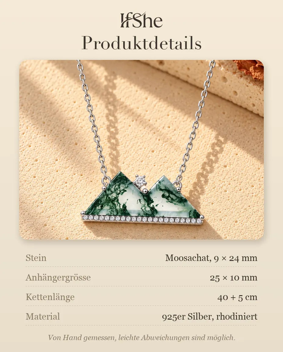 Berg Moosachat Kette aus 925 Sterlingsilber - Produktdetails mit Steinen, Anhängergrösse, Kettenlänge und Material