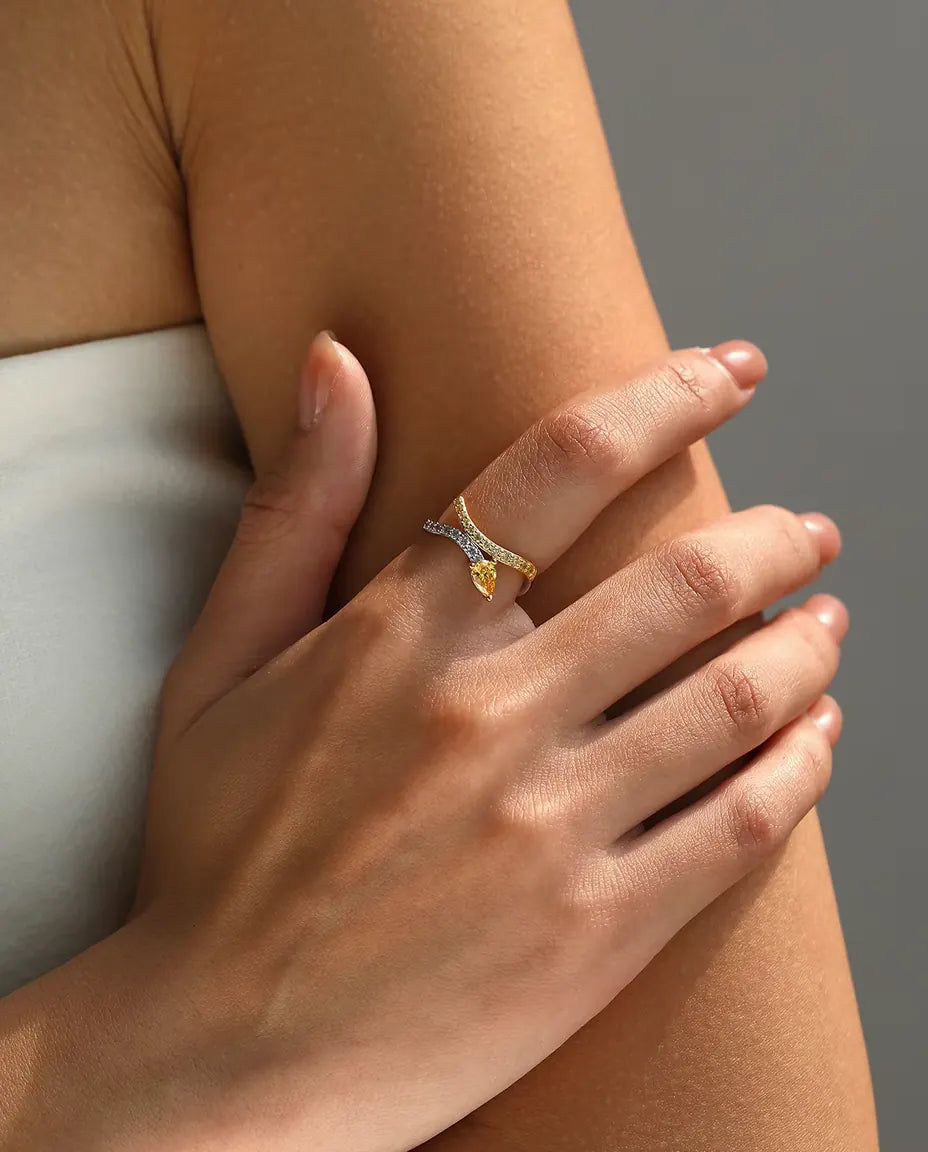 Bypass Ring bicolor - gelber Tropfenschliff zwischen Pavé Wellenbändern, Grössen 5 bis 9, 925 Sterlingsilber