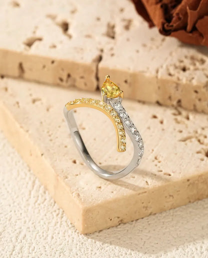 Bypass Ring bicolor - gelber Tropfenschliff zwischen Pavé Wellenbändern, Grössen 5 bis 9, 925 Sterlingsilber