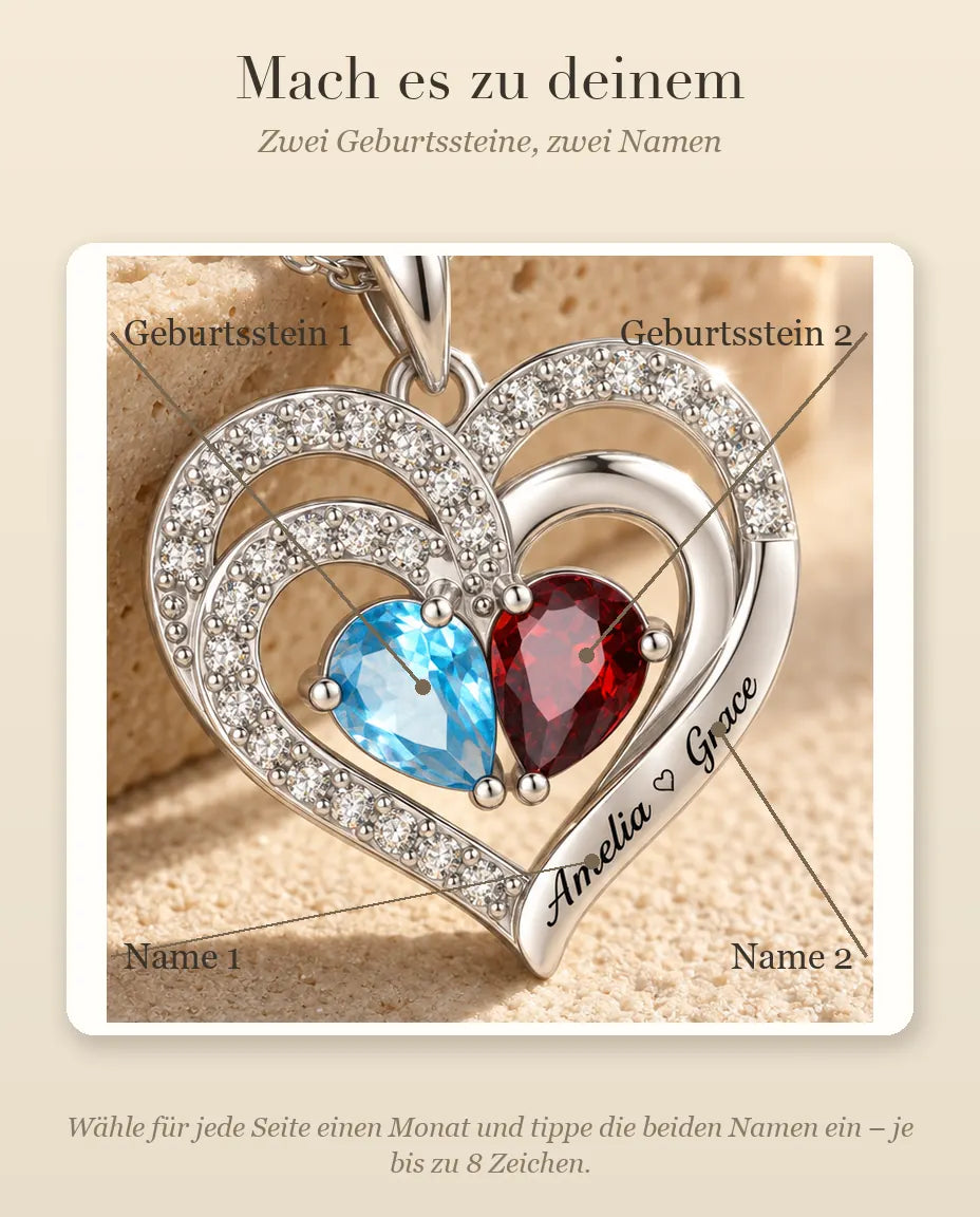 Personalisierte Geburtsstein Kette mit 2 Namen - Doppelherz Anhänger mit zwei Tropfensteinen, rhodiniert