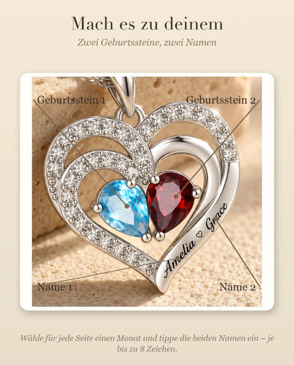 Personalisierte Geburtsstein Kette mit 2 Namen - Doppelherz Anhänger mit zwei Tropfensteinen, rhodiniert