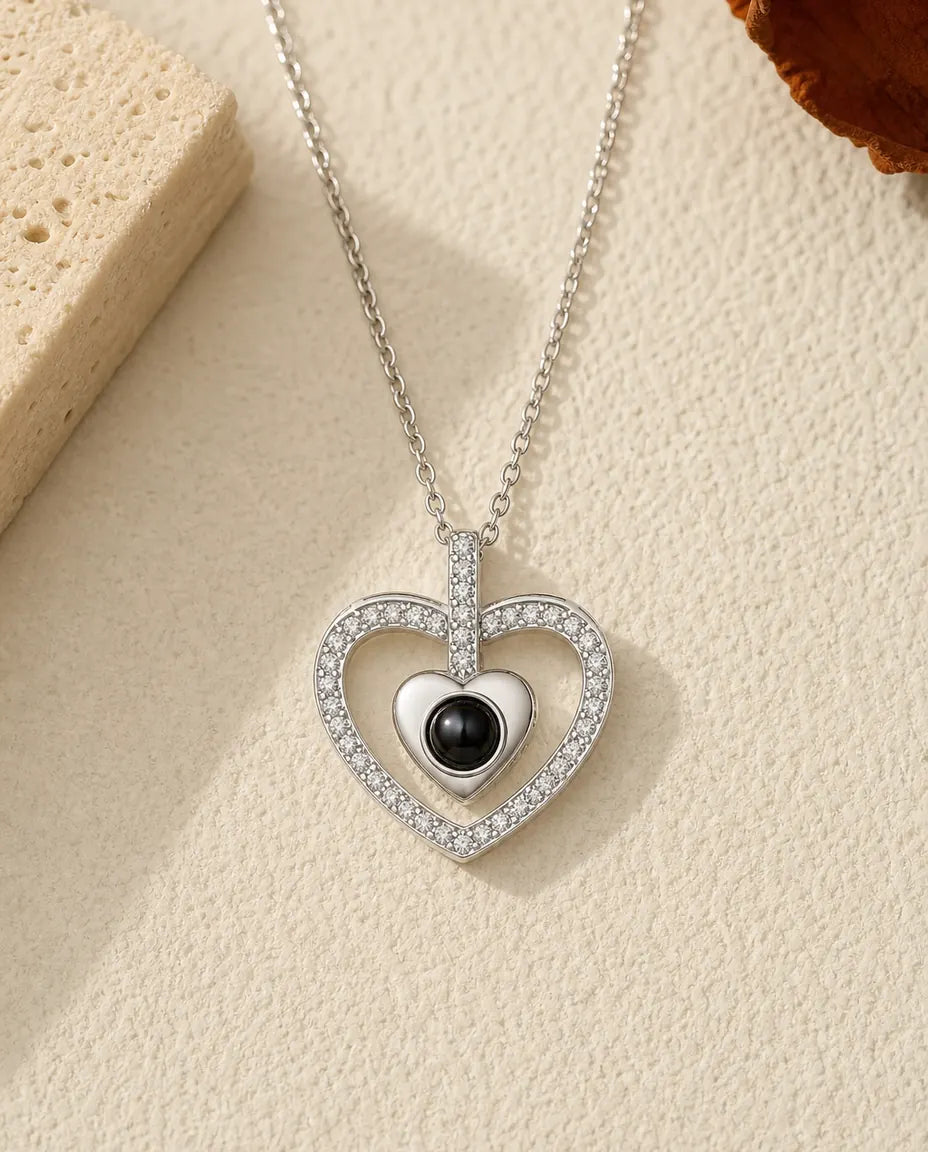 Personalisierte Doppelherz-Kette mit Foto im Stein, Herz mit Zirkonia und deinem Bild in der Perle, Geschenk für sie