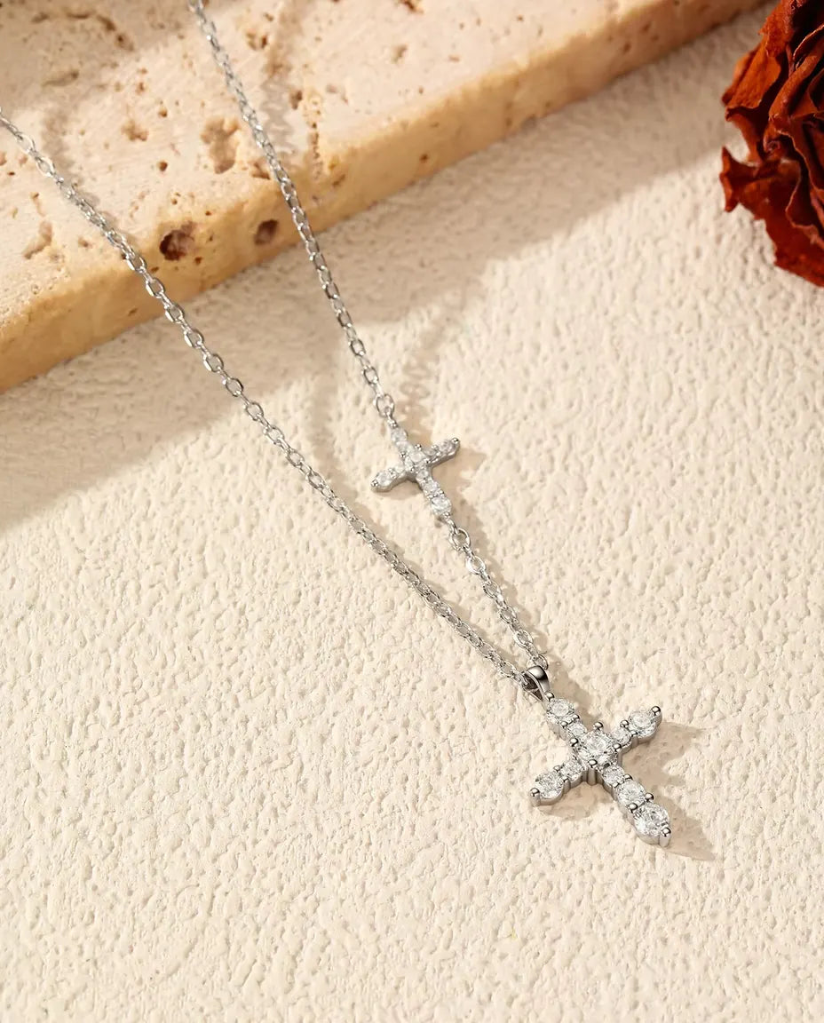 Doppelkreuz Moissanit Kette - Pavé-Kreuzanhänger mit querliegendem Kreuz, 925 Sterlingsilber, 40+5 cm