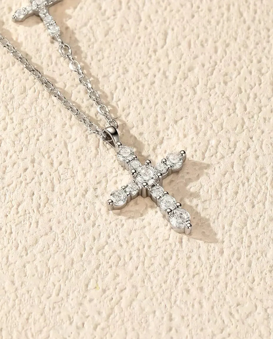 Doppelkreuz Moissanit Kette - Pavé-Kreuzanhänger mit querliegendem Kreuz, 925 Sterlingsilber, 40+5 cm