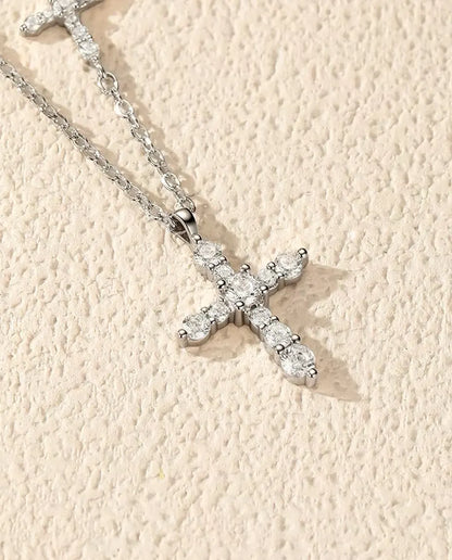Doppelkreuz Moissanit Kette - Pavé-Kreuzanhänger mit querliegendem Kreuz, 925 Sterlingsilber, 40+5 cm