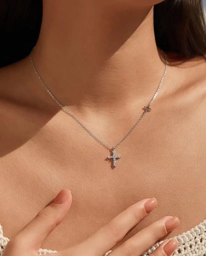 Doppelkreuz Moissanit Kette - Pavé-Kreuzanhänger mit querliegendem Kreuz, 925 Sterlingsilber, 40+5 cm