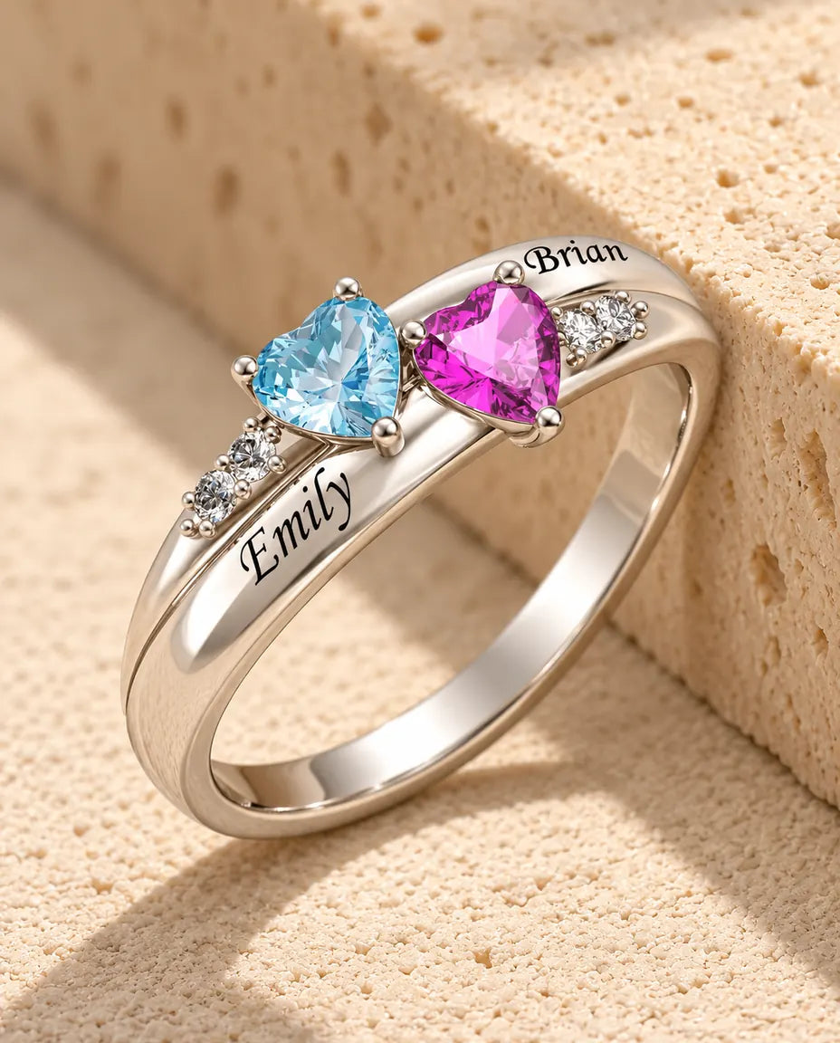 Personalisierter Doppelherz Ring mit 2 Namen - Partnerring mit 2 Herz-Geburtssteinen - in Sterlingsilber