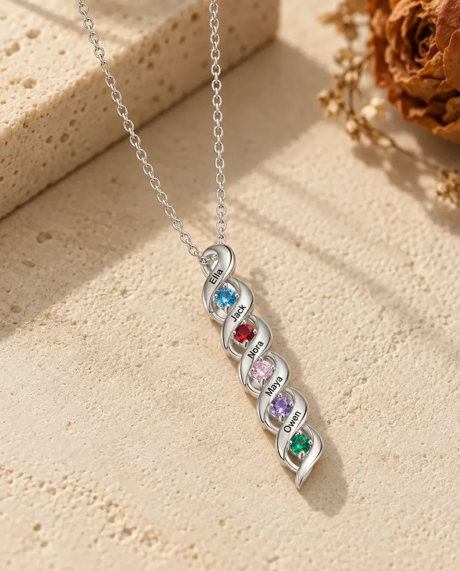 Geburtsstein Kette mit Namen - Vorderansicht in Silber