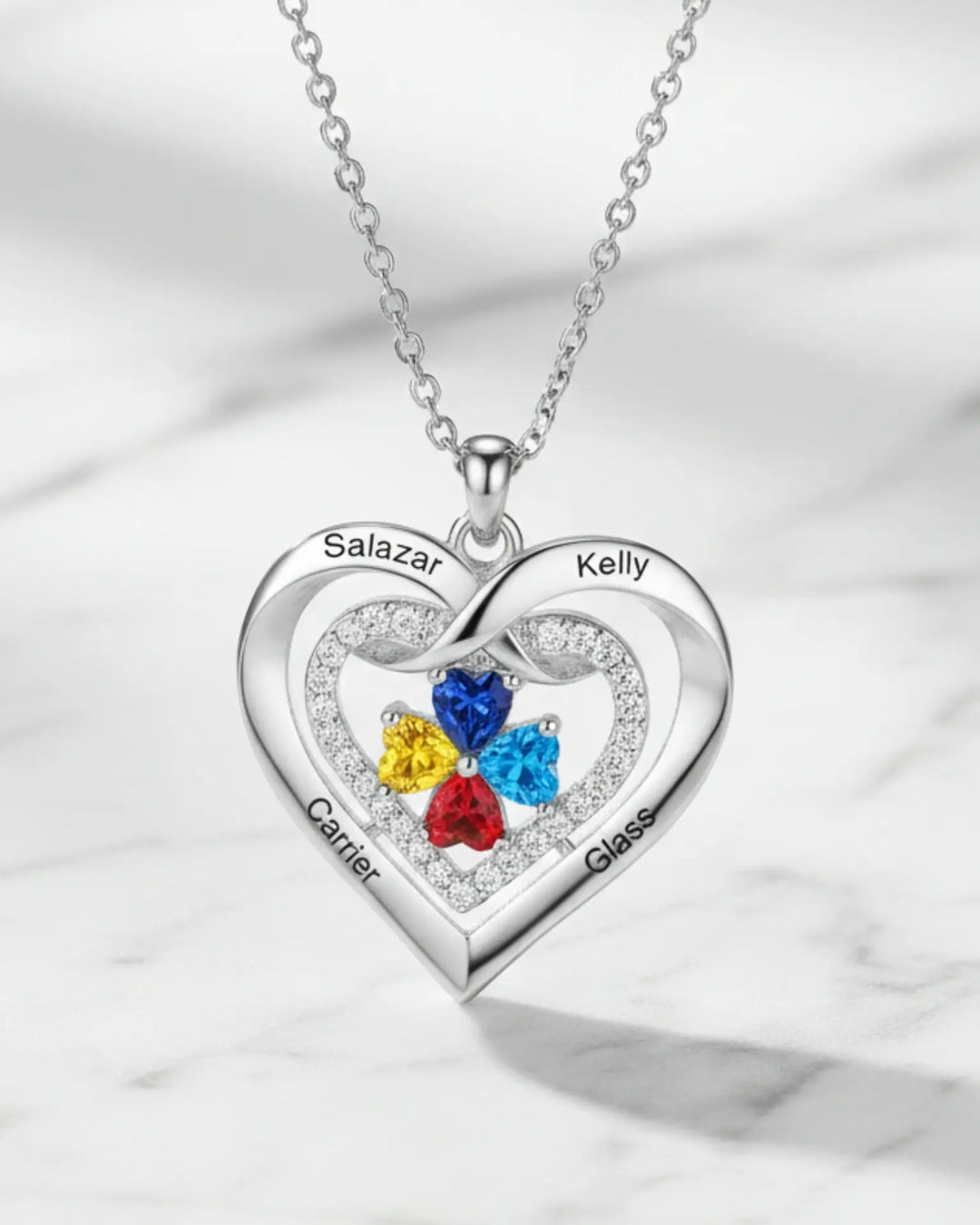 Geburtsstein Kette – Herzanhänger mit 2-4 gravierten Namen und Geburtssteinen, personalisiertes Geschenk für Mama