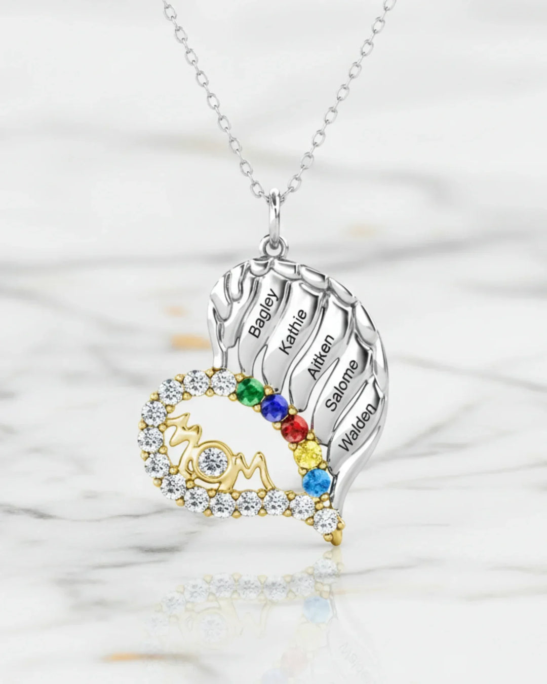 Geburtsstein Kette für Mama – Herz mit Flügel, 3-6 Namen und Geburtssteine, 925er Sterlingsilber, Geschenk zum Muttertag
