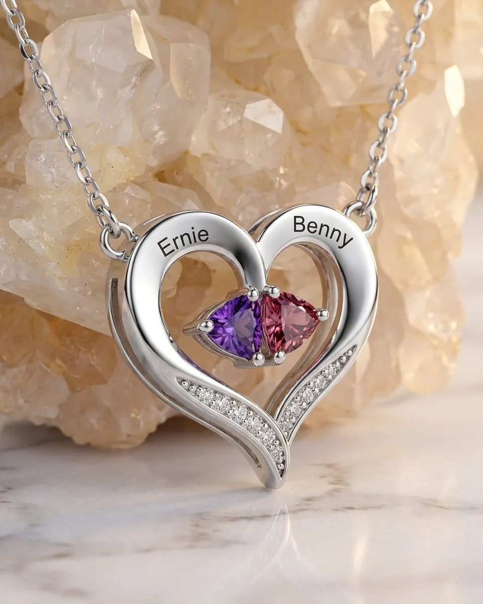 Geburtsstein Kette – offenes Herz aus 925er Sterlingsilber mit 2 gravierten Namen, Geschenk für Mama