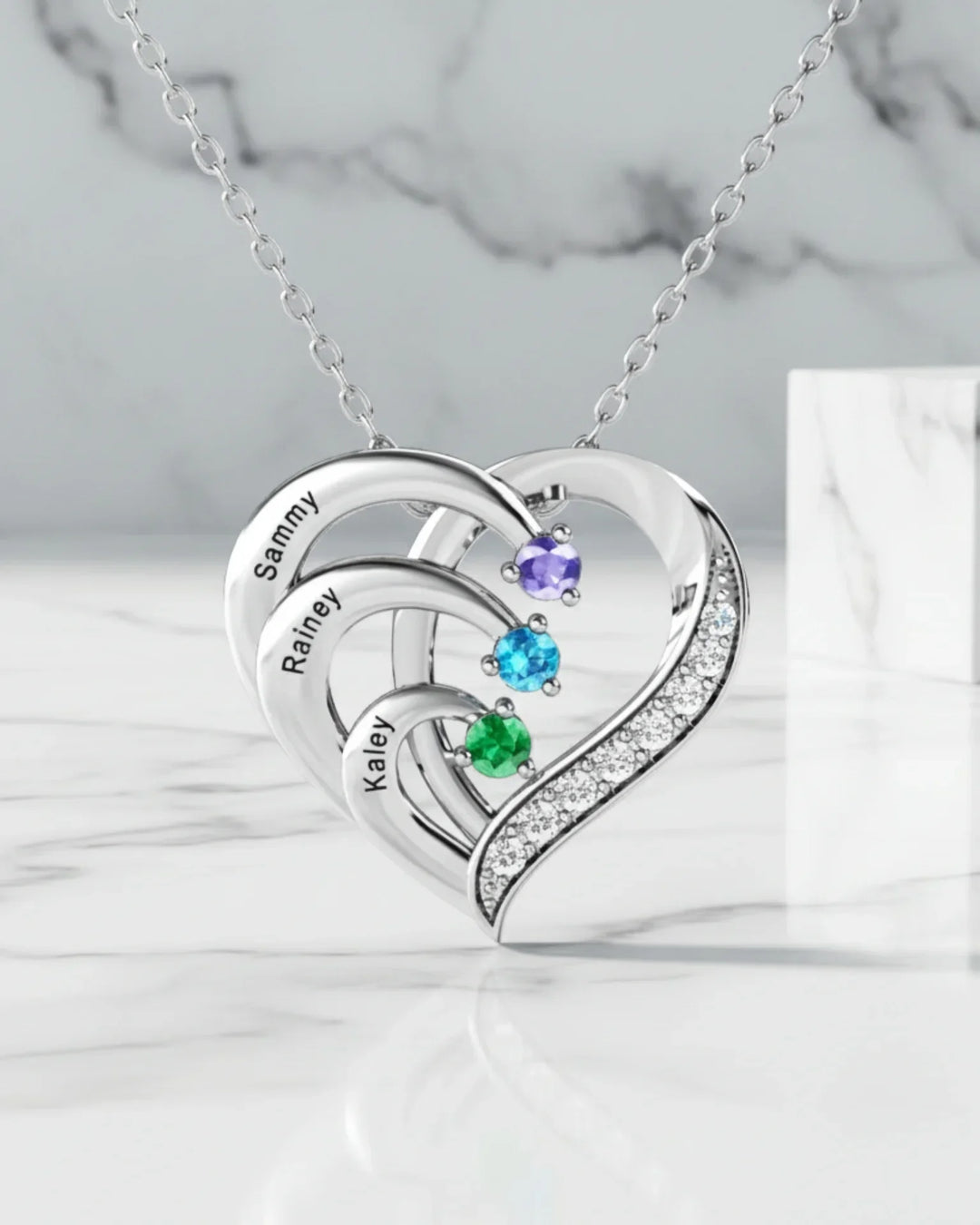 Geburtsstein Kette – 3 verschlungene Herz-Namensplättchen, 925er Sterlingsilber, Namen und Steine wählbar, Geschenk für Mama, Oma