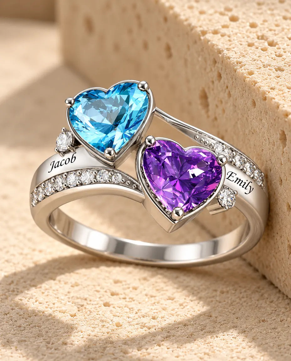 Personalisierter Geburtsstein Ring mit 2 Namen - Ring mit 2 grossen Herzsteinen und Gravur - in Sterlingsilber