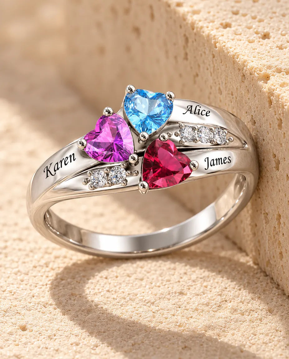 Personalisierter Geburtsstein Ring mit 3 Namen - Kleeblatt Familienring mit Gravur - in Sterlingsilber